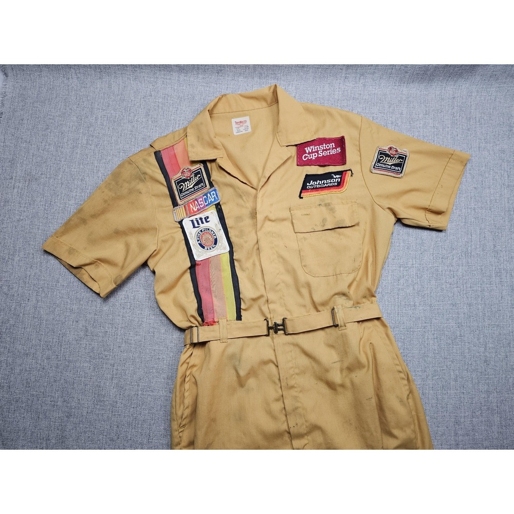 Vintage ToppMaster Coveralls Mens Large Yellow Miller NASCAR Mechanic Patches